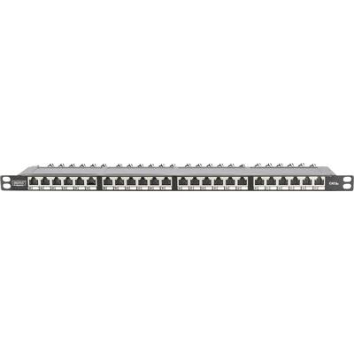 Een patchpanel met 24 netwerkaansluitingen in een rackmontageconfiguratie, voornamelijk bedoeld voor de organisatie en distributie van netwerkkabels.