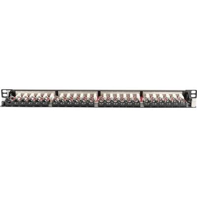 Patchpanel met 24 poorten in een rack-beugel, voor de organisatie en distributie van netwerk- of telecommunicatiekabels.