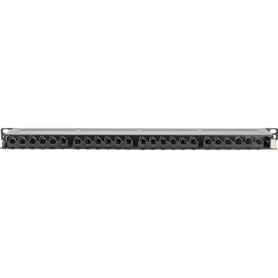 Patchpanel met 24 poorten voor netwerkkabels, zwarte behuizing. Voornamelijk gebruikt in serverruimtes of voor gegevensdistributie.
