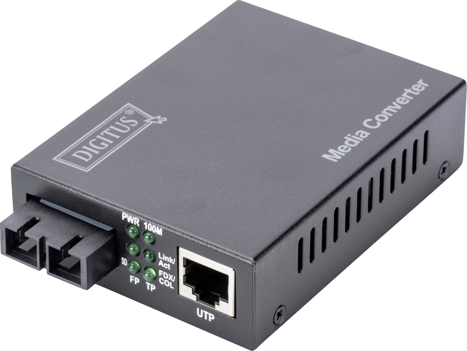 Zwarte media-converter met merknaam 'Digitus'. Beschikt over aansluitingen voor glasvezel en Ethernet. Led-indicatoren voor statusweergave.