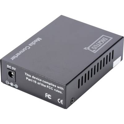 Zwarte media-converter met 'DIGITUS'-etiket, toont FCC-conformiteit en 5V DC-aansluiting aan de zijkant.