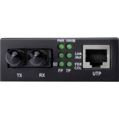 'Netwerk-media-converter met glasvezelaansluitingen TX/RX, status-LED's voor stroom en verbinding, alsmede Ethernet-UTP-poort rechts.'