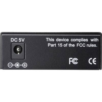 Zwart netsnoer met opschrift 'DC 5V'. Tekst: 'Dit apparaat voldoet aan deel 15 van de FCC-voorschriften'. Symbolen: FCC, CE.
