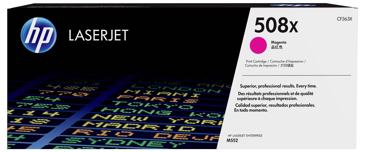 HP LaserJet 508x magenta tonercartridge verpakking, met compatibele printermodellen en marketingtekst voor professionele afdrukfkwaliteit.