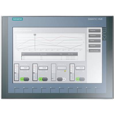 Siemens HMI-scherm toont een diagram met lijnen in verschillende kleuren en daaronder knoppen voor stationinstellingen.