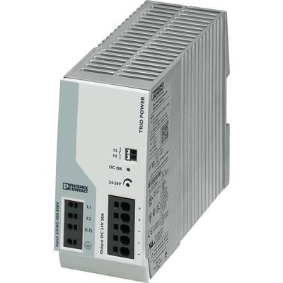 Voedingsmodule 'TRIO POWER' van het merk Phoenix Contact, ingang 1AC 100-240V, uitgang DC 24V, 5A. Wandmontage met LED-indicatie.
