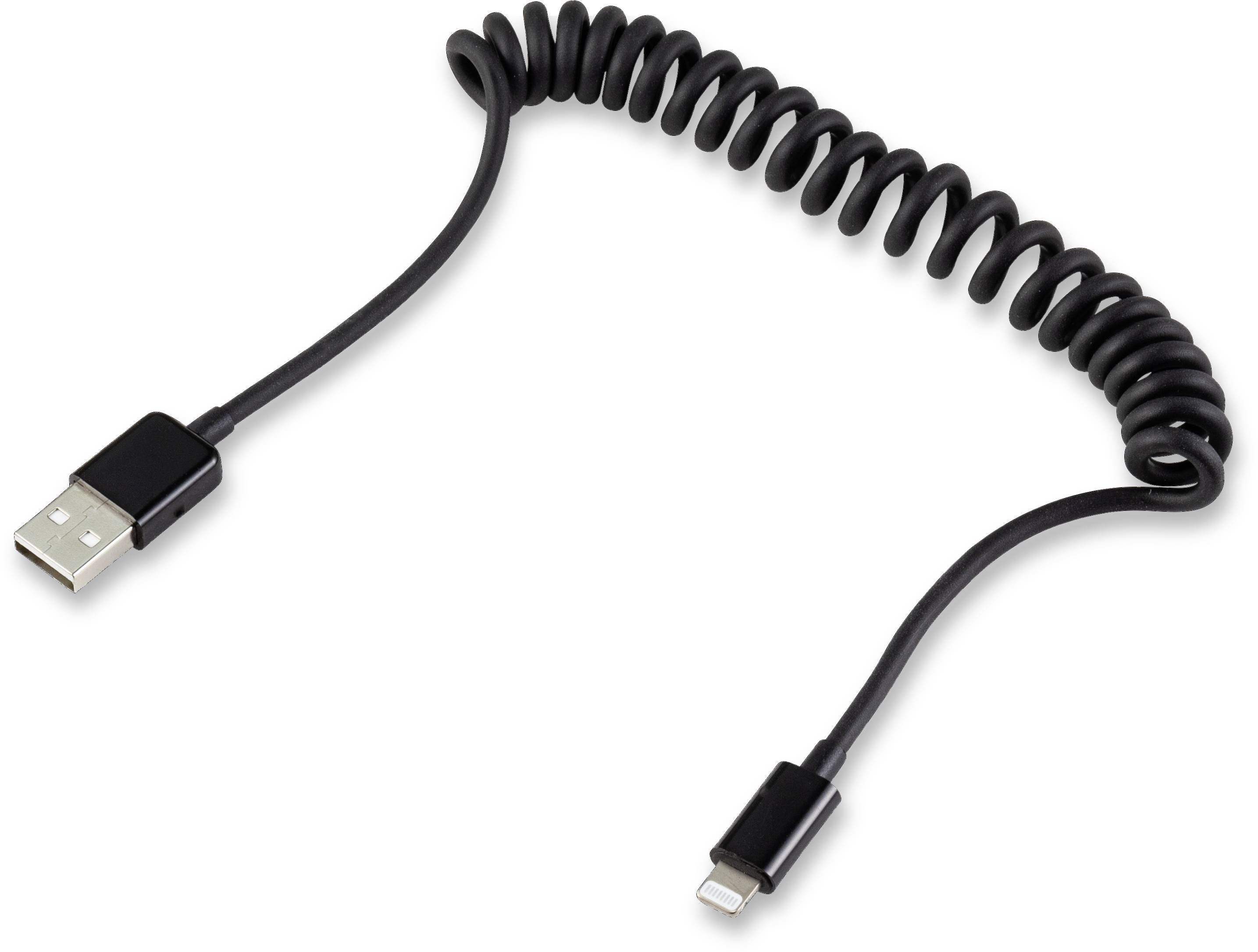 Een spiraalvormige kabel met een USB-aansluiting aan de ene kant en een andere aansluiting aan de andere kant, geschikt voor mobiele apparaten.