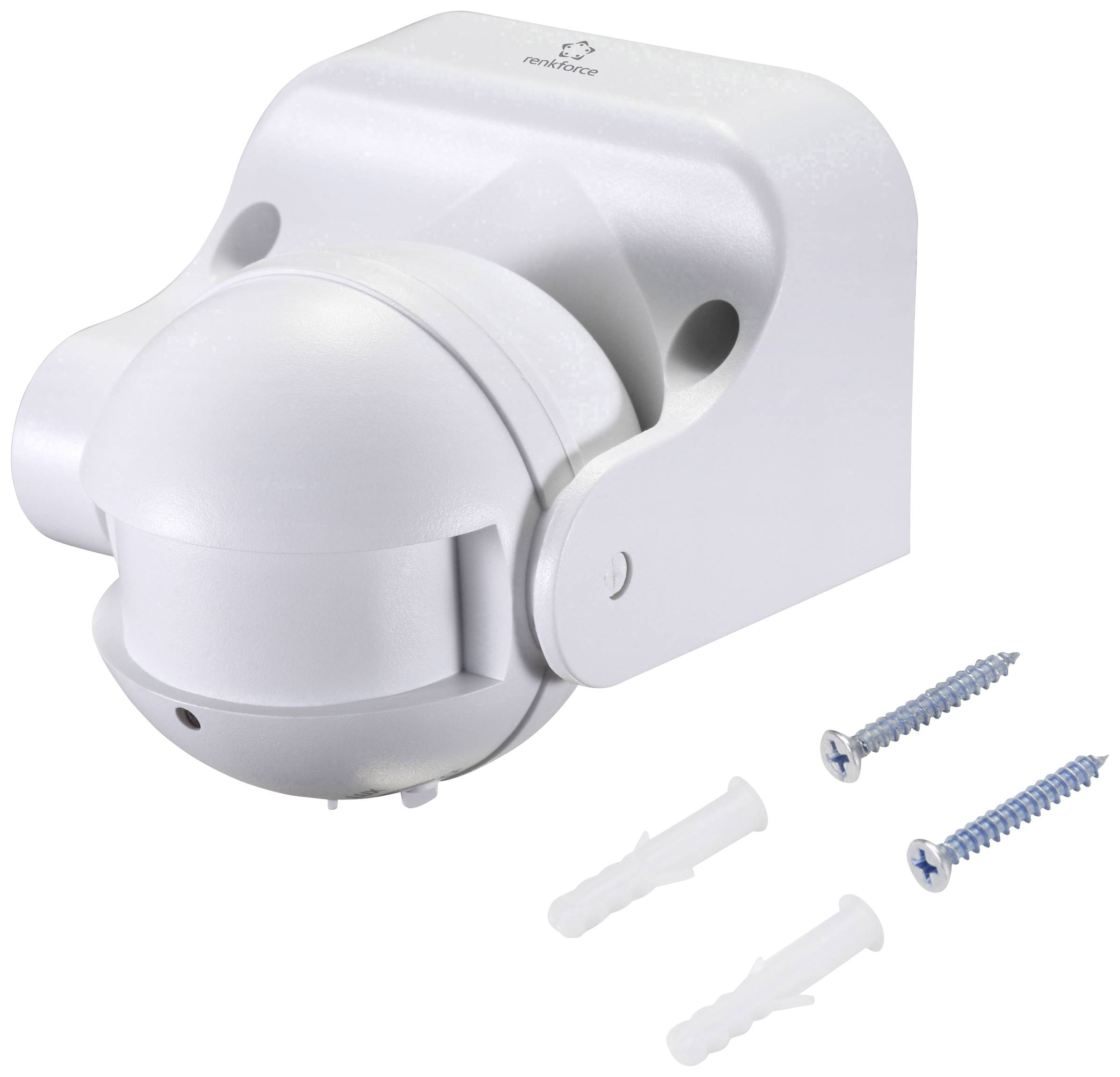 Een witte bewegingsdetector, wandmonteerbaar, naast twee schroeven en pluggen, voor veiligheid en automatische verlichting.