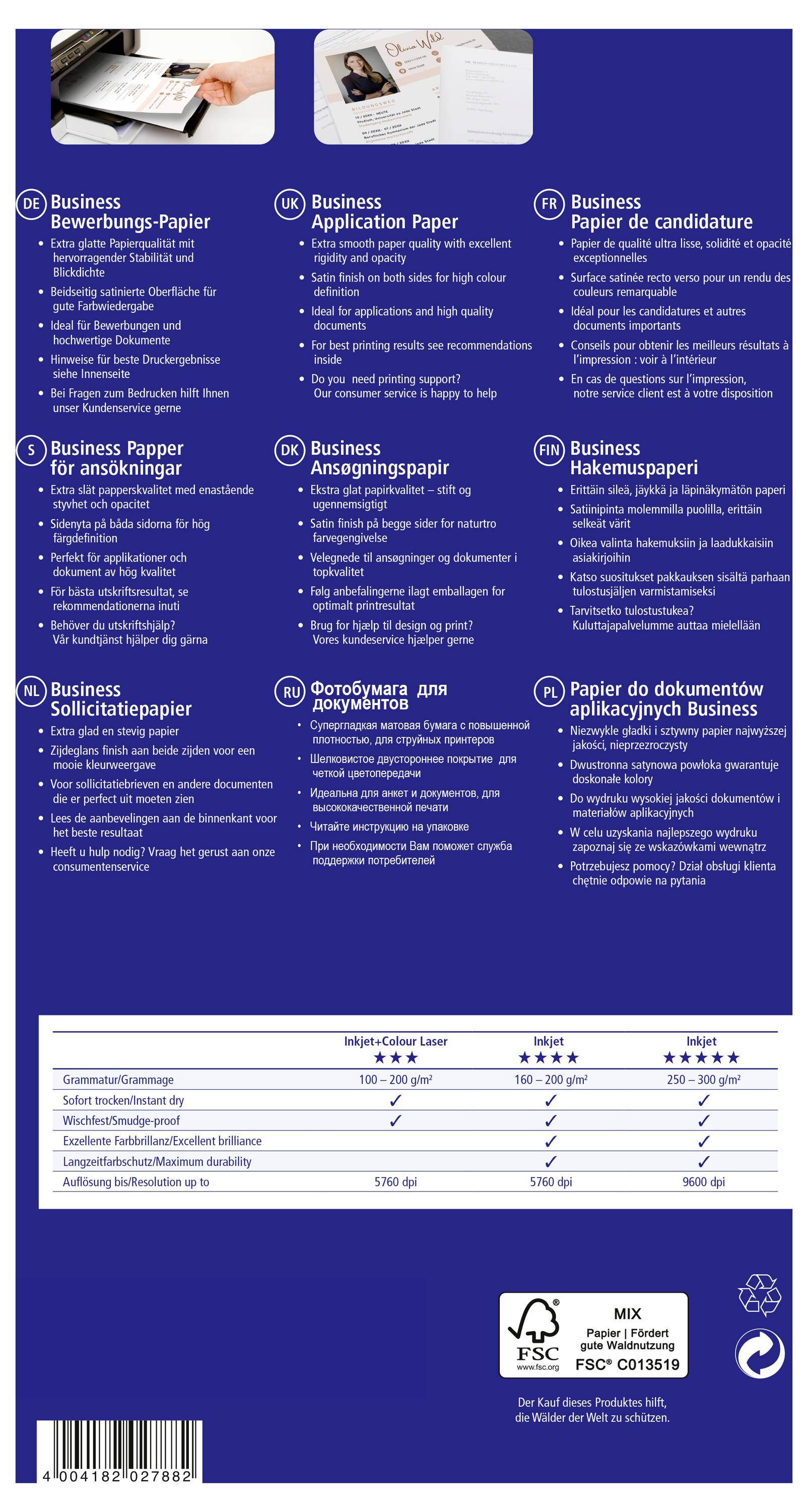 Blauw verpakkingspapier met 'Business' papieropties in meerdere talen, met twee voorbeeldfoto's van documenten bovenaan en een vergelijkingstabel met gewichten en certificeringen onderaan.