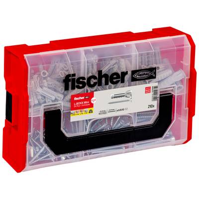 Rode en doorzichtige kunststof Fischer opslagdoos gevuld met diverse schroeven en wandpluggen, gelabeld met 'fischer' en 'L-BOXX Mini' voor 210 stuks.