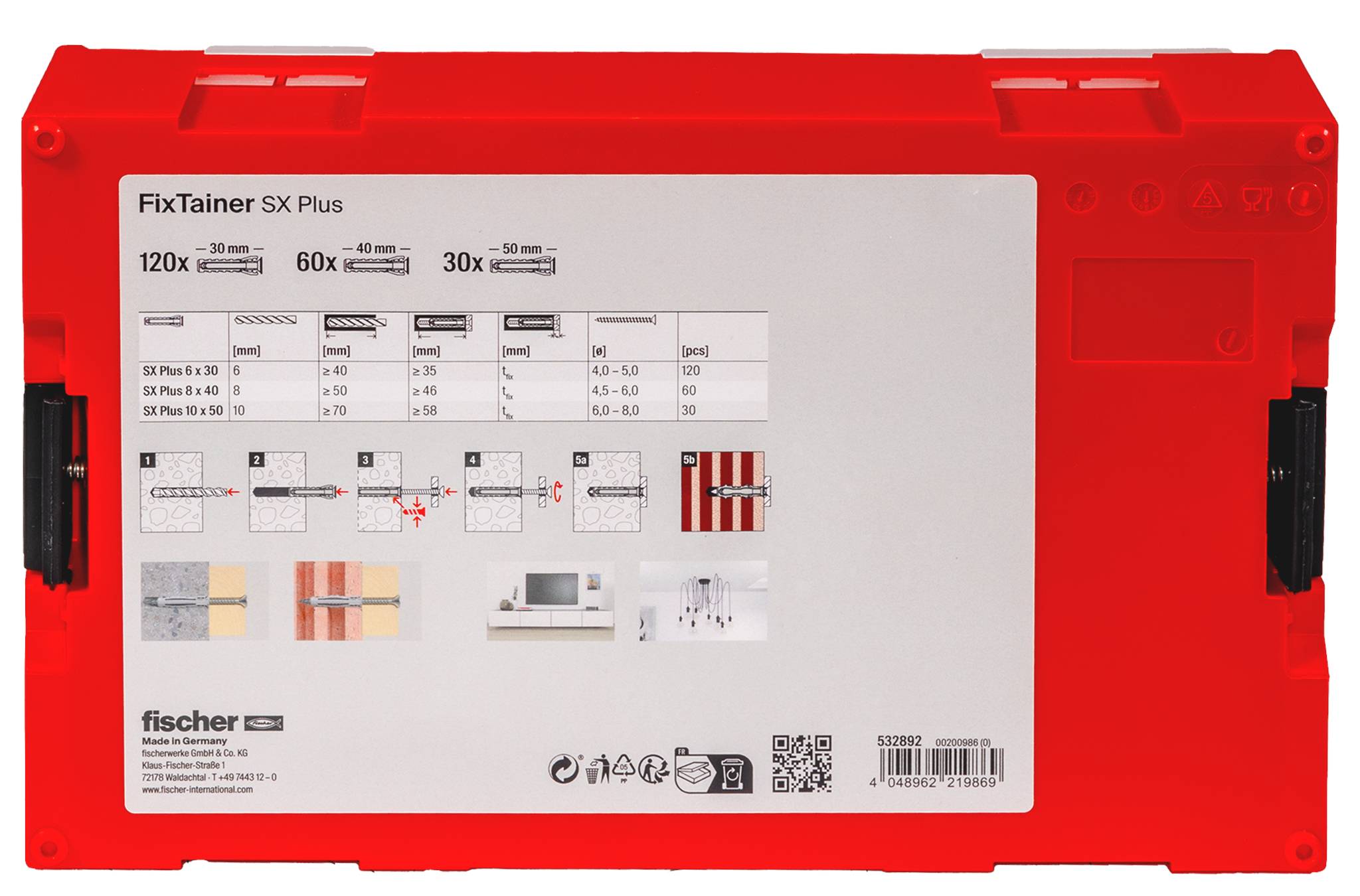 Rode kunststof koffer met het opschrift 'FixTainer SX Plus' met gedrukte installatiegids en maattabel voor Fischer wandankers.