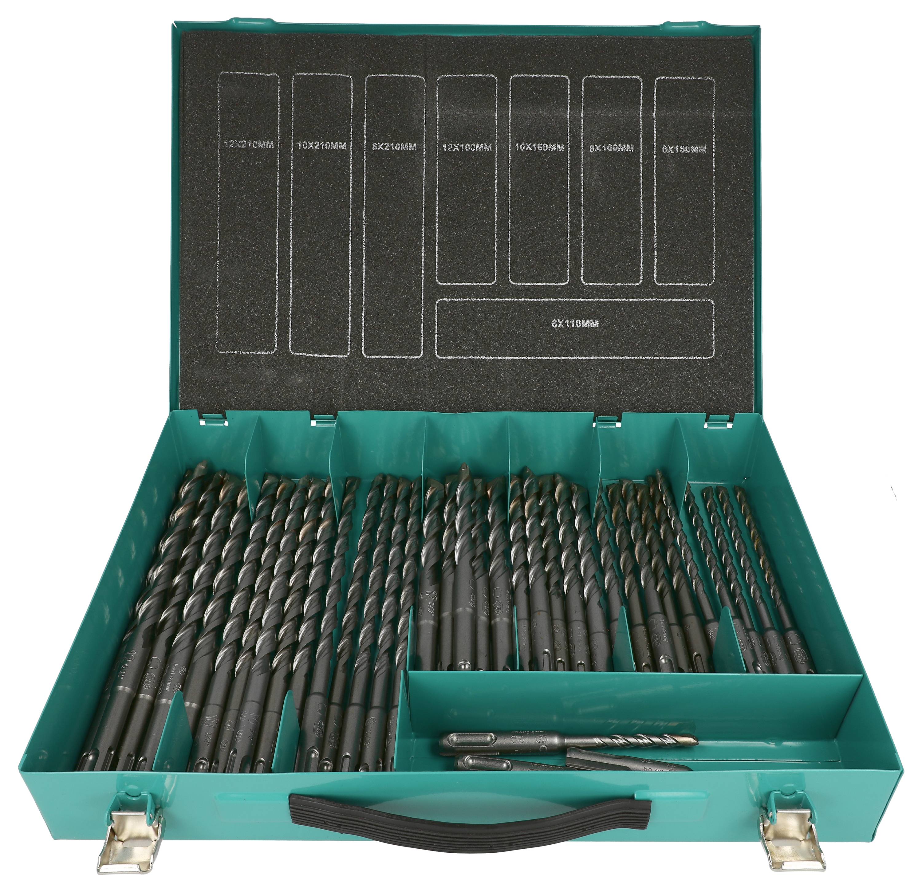 Opentelkleurige koffer met assortie boorbitsen en accessoires gerangschikt op grootte, met groottestickers in het deksel.