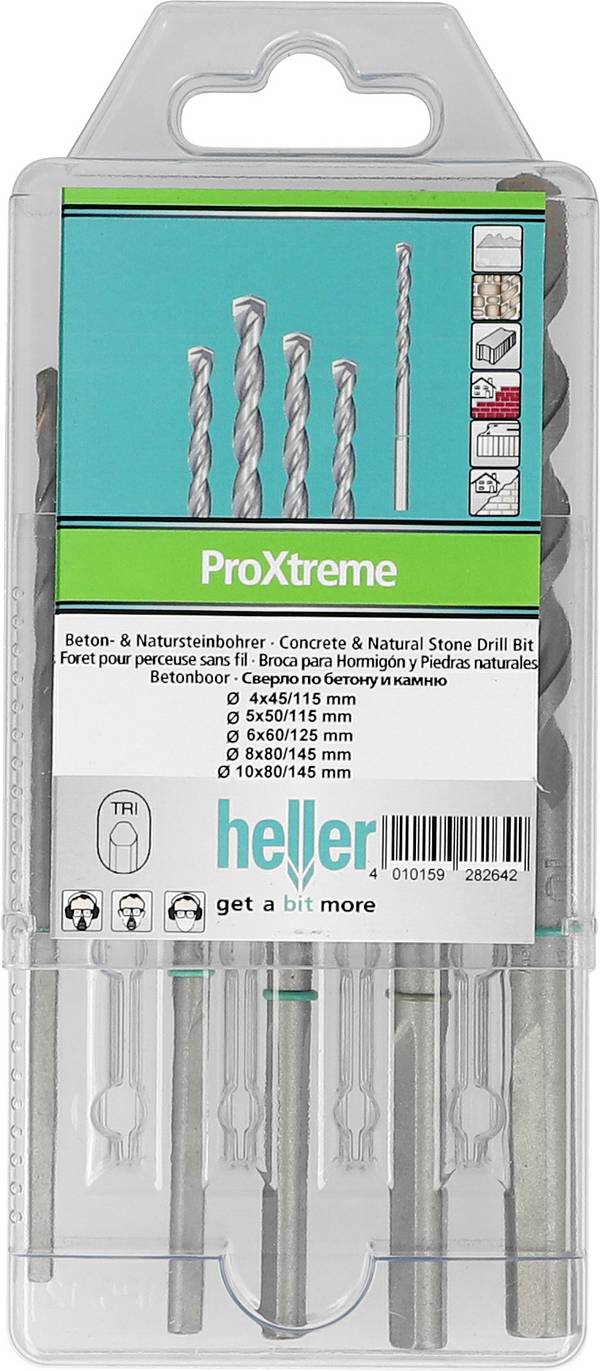 Heller ProXtreme 28264 2 Carbide  Beton-spiraalboren set  5-delig 4 mm, 5 mm, 6 mm, 8 mm, 10 mm  Driehoekschacht 1 set(s)