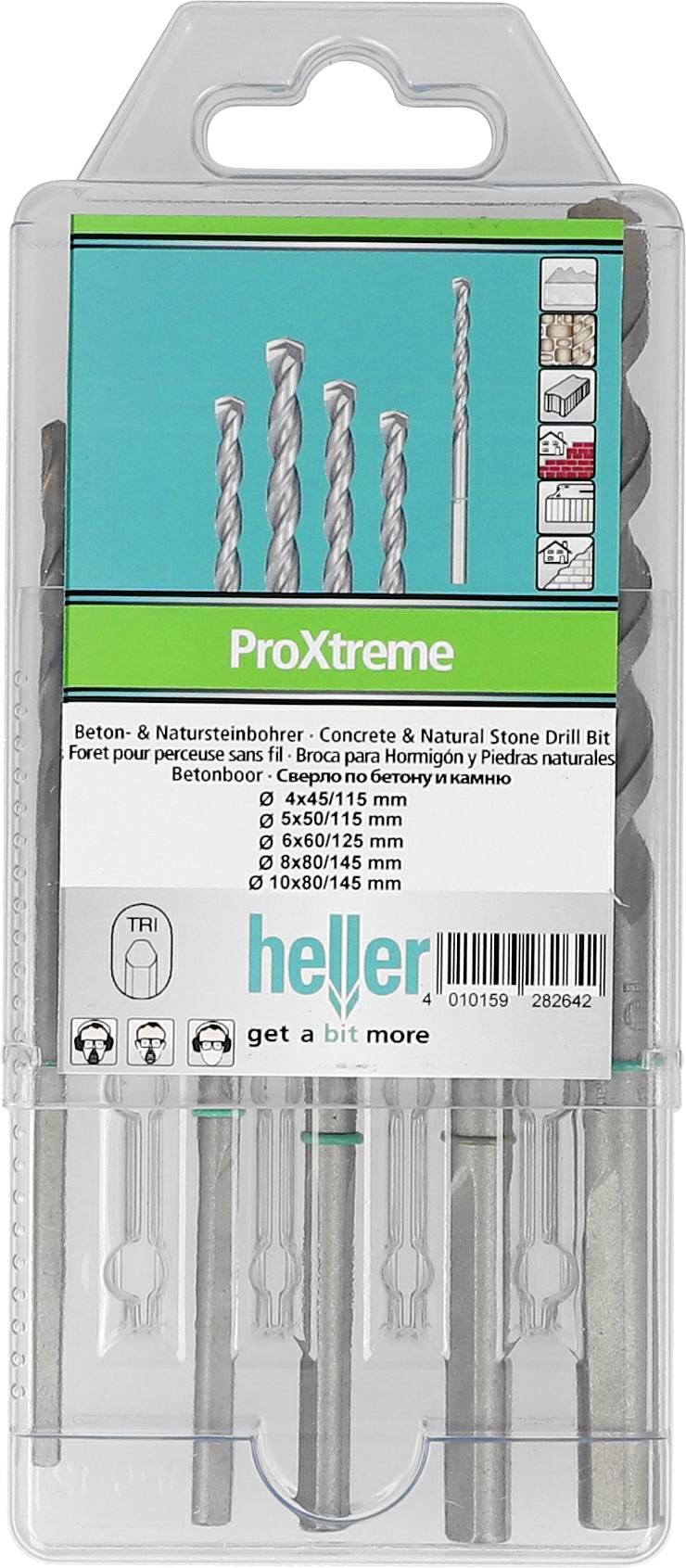 Kunststof koffer van Heller ProXtreme betonboor- en natuursteenboren, met meerdere metselwerkboren zichtbaar en productlabel op de voorkant.