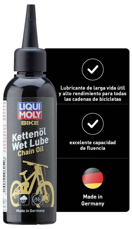 'Liqui Moly Fietsketenspray Nat Smeermiddel' fles met grafiek: 'Krachtig langtijd smeermiddel', 'uitstekende kruipeigenschappen', 'Gemaakt in Duitsland'.