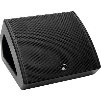 Een zwarte scènemonitor in wigvorm met een luidsprekerooster aan de voorkant, voornamelijk gebruikt voor live-audio-monitoring.