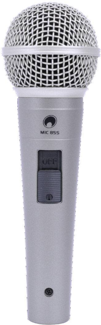 Een grijs handmicrofoon met een zwarte aan- en uitschakelaar in het midden, geschikt voor muziekoptredens en presentaties.
