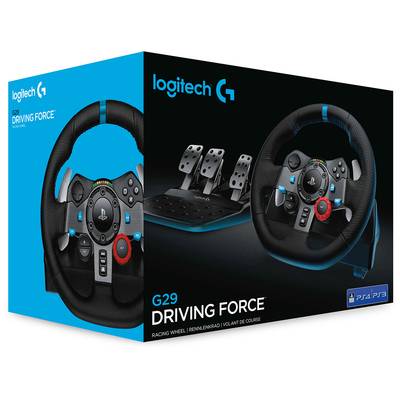 Een verpakking met een stuur en pedalen van Logitech. Opschrift 'G29 Driving Force', compatibel met PS4 en PS3.
