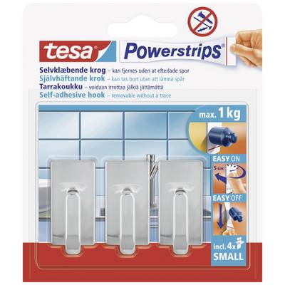 Een pakket met drie zelfklevende haken van Tesa Powerstrips. Geschikt voor tegels, met een maximale belasting van 1 kg.