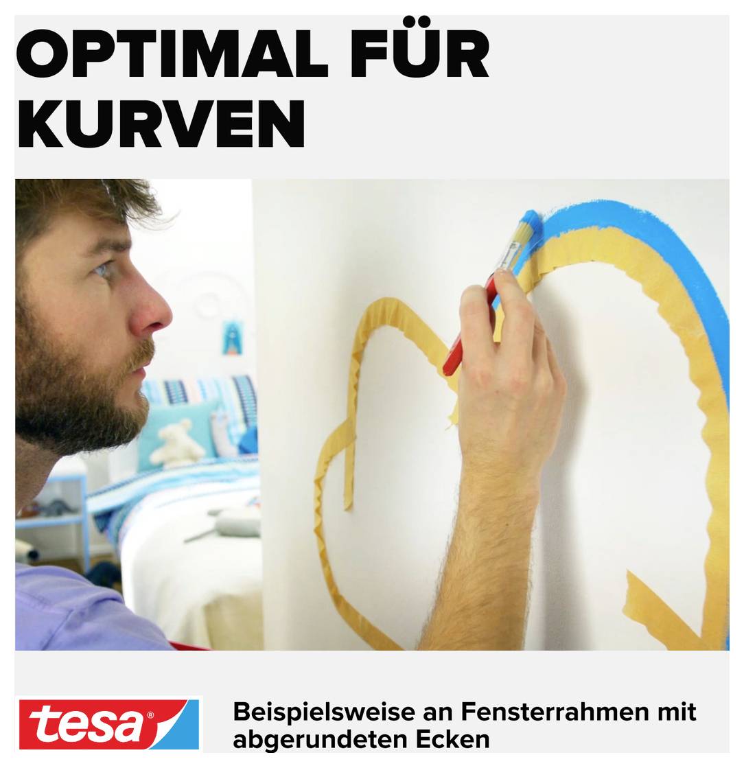 Een man tekent een gebogen lijn op een muur. Op de achtergrond een kinderkamer, tekst: 'Optimaal voor curves', 'tesa', 'Bijvoorbeeld op raamkozijnen met afgeronde hoeken'.