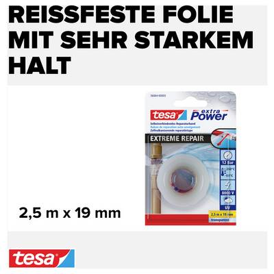 Verpakking van een extra sterke reparatietape van het merk tesa, 2,5 m x 19 mm, voor extreme hechting en robuuste toepassingen.