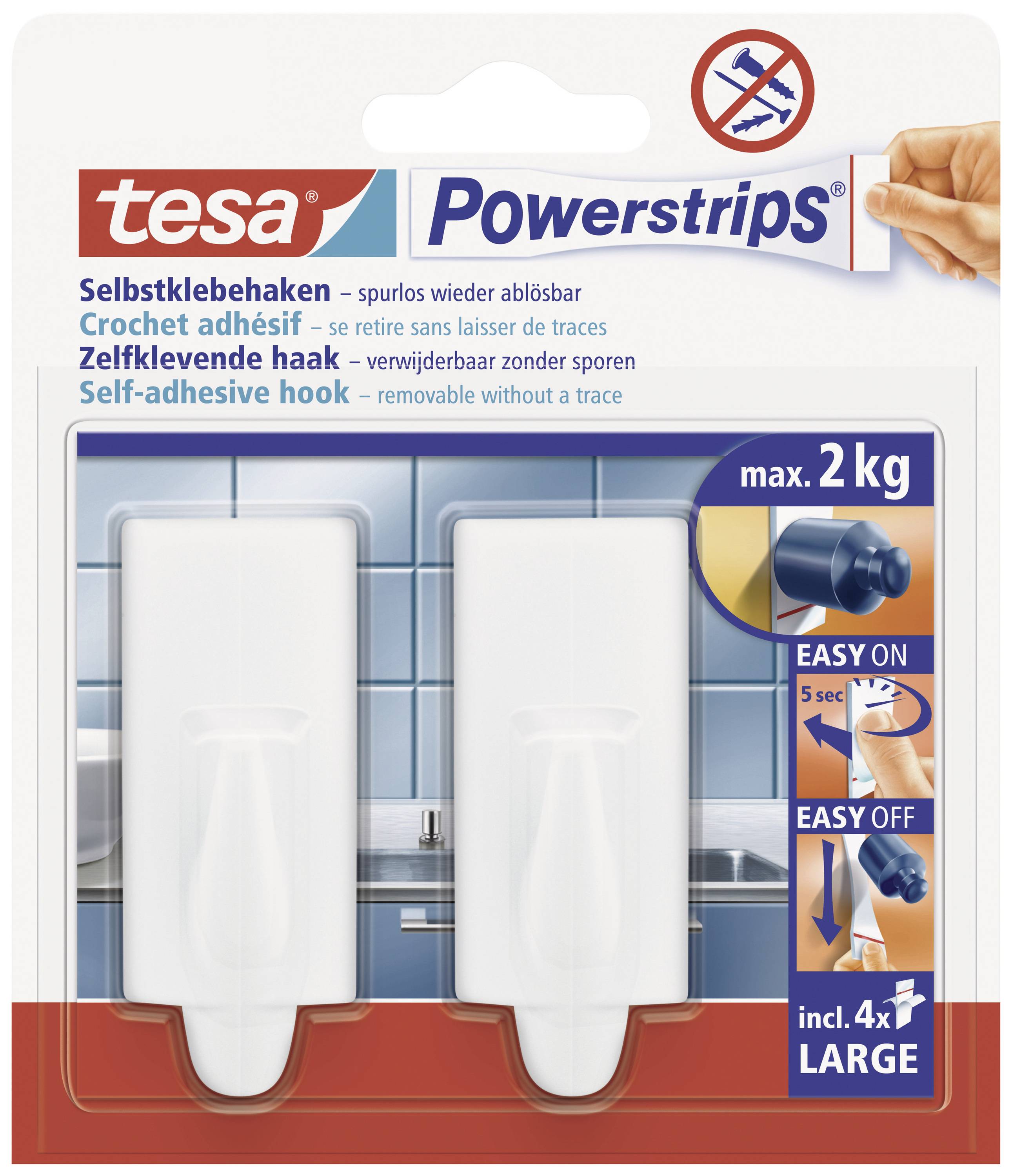 Packaging of Tesa Powerstrips Hooks, self-adhesive, for max. 2 kg. Contains 2 hooks and 4 Powerstrips, easy to apply and remove.