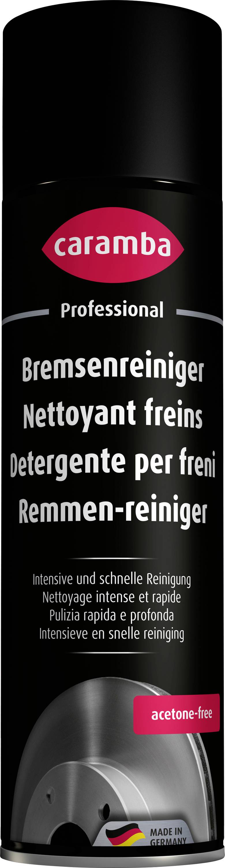 Zwarte spuitbus van Caramba Professional remreiniger, gelabeld met 'Bremsenreiniger' met meertalige tekst en 'acetonvrij' badge.
