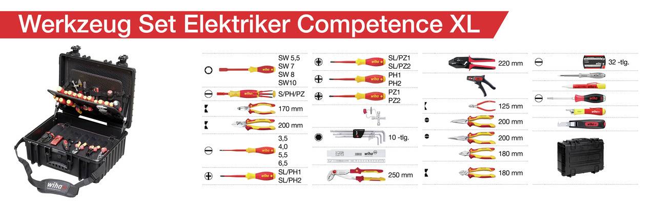 Gereedschapsset 'Elektricien Competentie XL' met diverse schroevendraaiers, tangen en toebehoren, gepresenteerd in een zwarte koffer.
