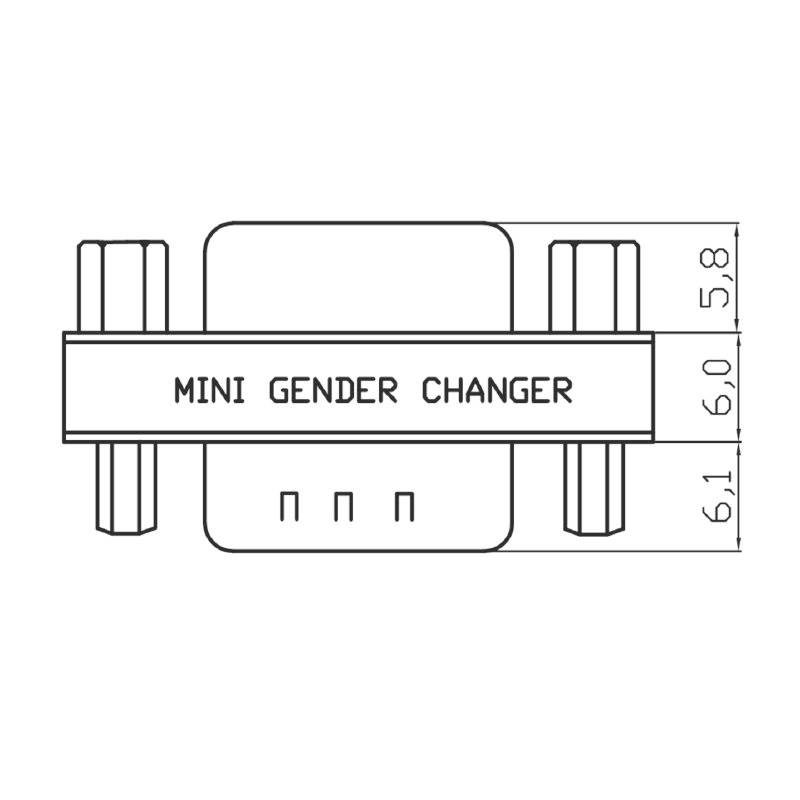 Schema van een 'Mini Gender Changer', een adaptertype voor aansluitingen. Gedetailleerde afmetingen zijn bijgevoegd.
