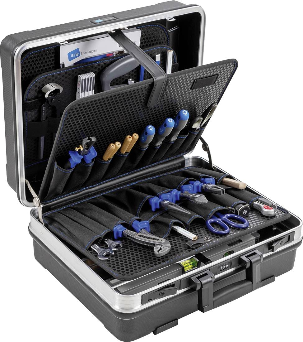 Een geopende gereedschapskoffer met verschillende handgereedschappen, waaronder schroevendraaiers, tangen en scharen, perfect georganiseerd in vakken.