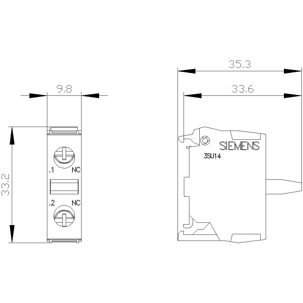 'Technische tekening van een Siemens schakelaar, vooraanzicht en zijaanzicht. Afmetingen: 33,2 mm hoogte, 9,8 mm breedte, 33,6 mm diepte.'