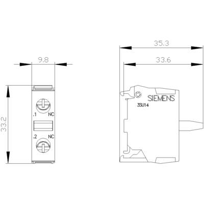 'Technische tekening van een Siemens schakelaar, vooraanzicht en zijaanzicht. Afmetingen: 33,2 mm hoogte, 9,8 mm breedte, 33,6 mm diepte.'