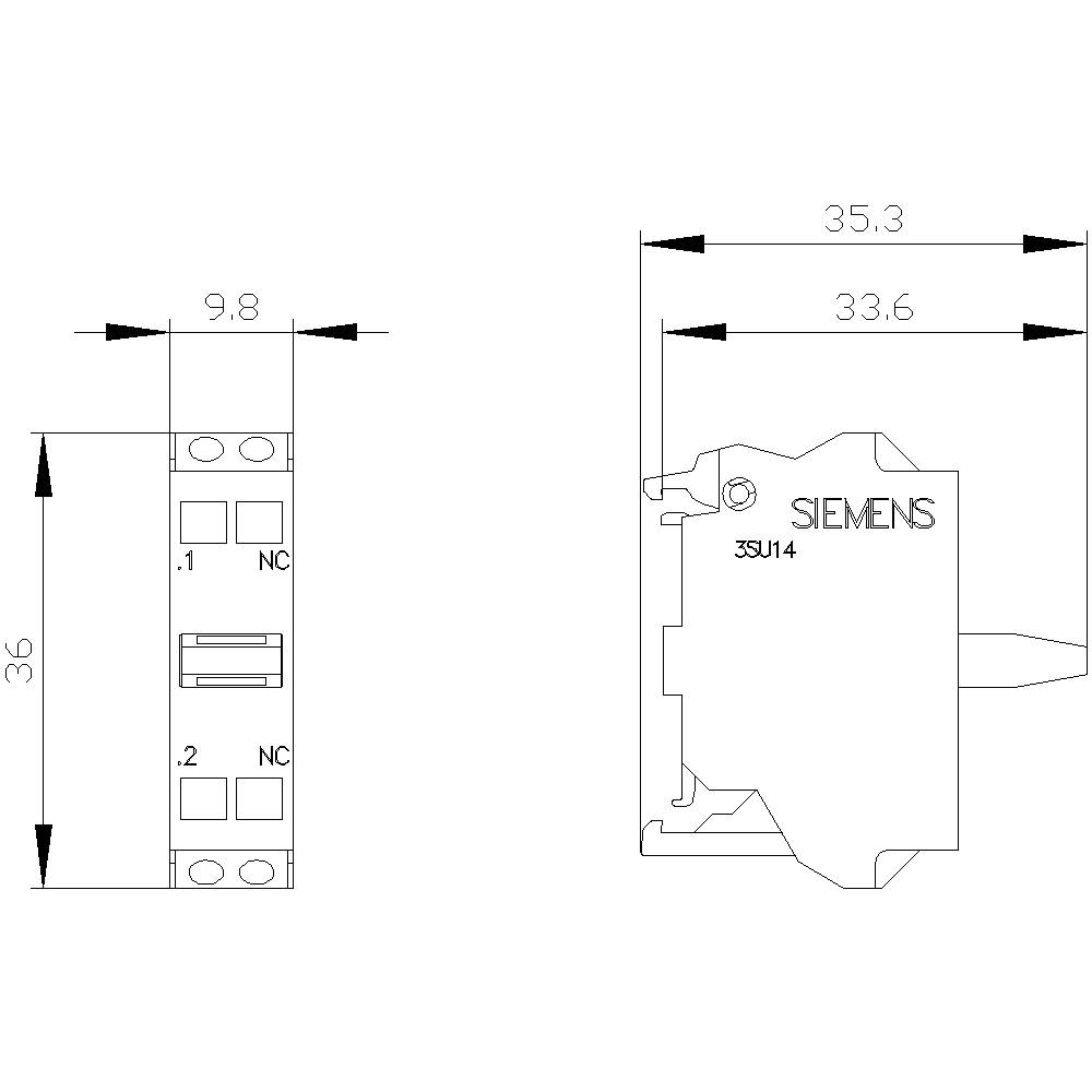Diagram van een Siemens schakelaar met afmetingen 36 x 9,8 mm, vooraanzicht en zijaanzicht. Toont technische details en aansluitingsaanduiding NC.