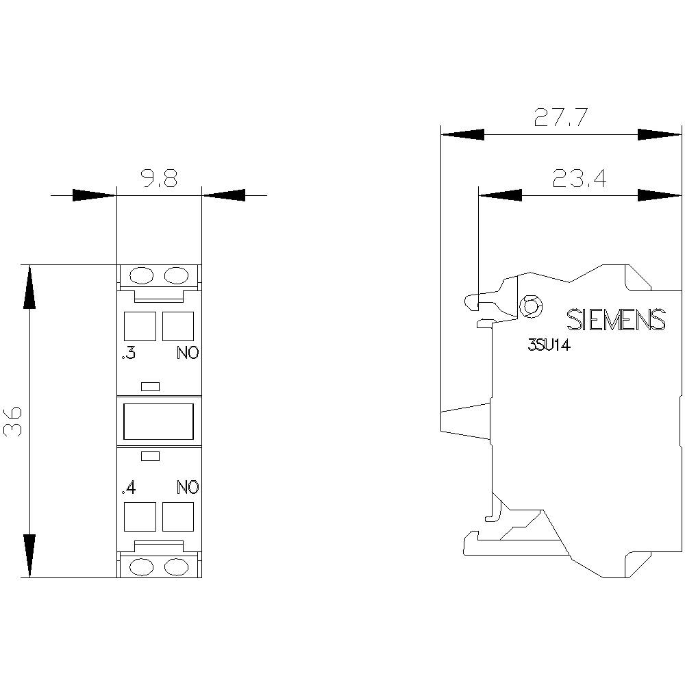 Technische tekening van een Siemens schakelaar, afmetingen: breedte 9,8 mm, hoogte 36 mm, diepte 27,7 mm. Voor- en zijaanzicht weergegeven.