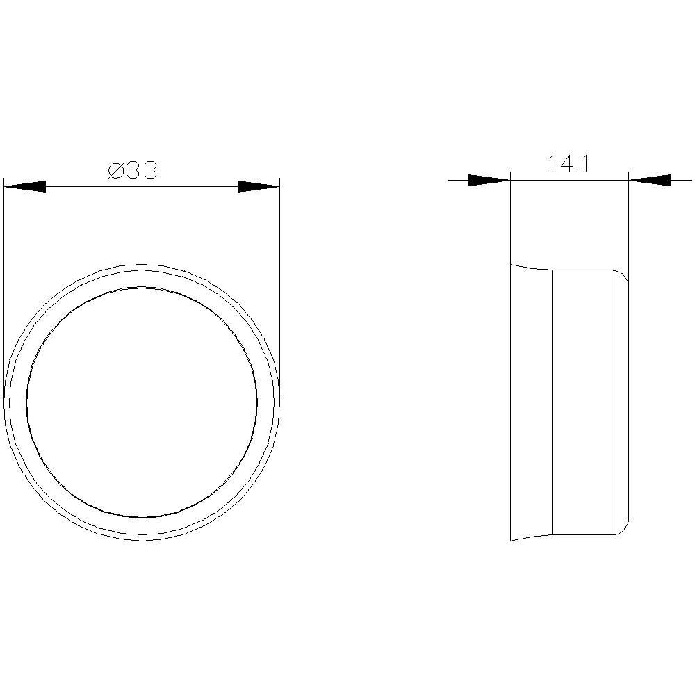 Technische tekening van een rond object: diameter 33 mm, diepte 14,1 mm. Zijaanzicht rechts.