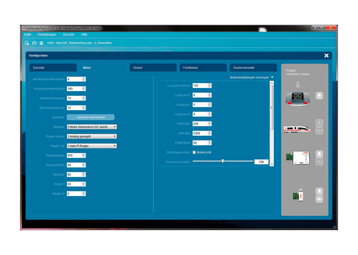 Gebruikersinterface van een softwareprogramma voor het configureren van modeltreinen met verschillende instellingsopties voor decoders, geluid en functies.