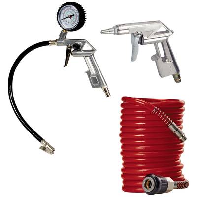 Persluchtbandenset met manometer, blazetol en rode spiraalslang voor het oppompen van banden en reinigen van oppervlakken.