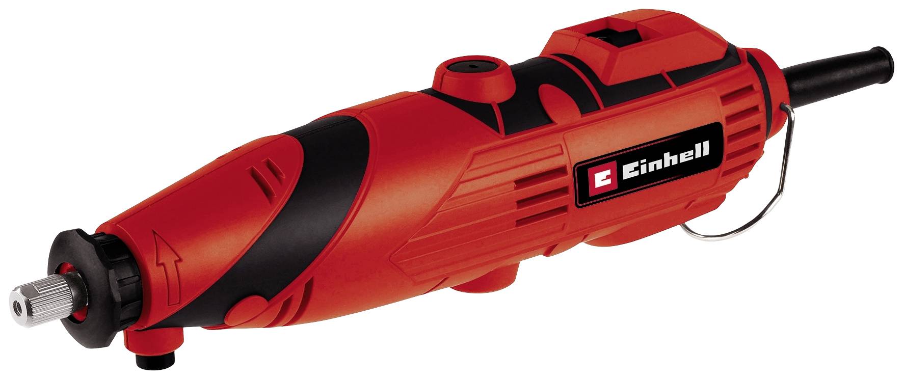 Een rood multifunctioneel gereedschap van Einhell, handig en elektrisch, met een rood-zwarte behuizing en een flexibele spindel aan de voorkant.