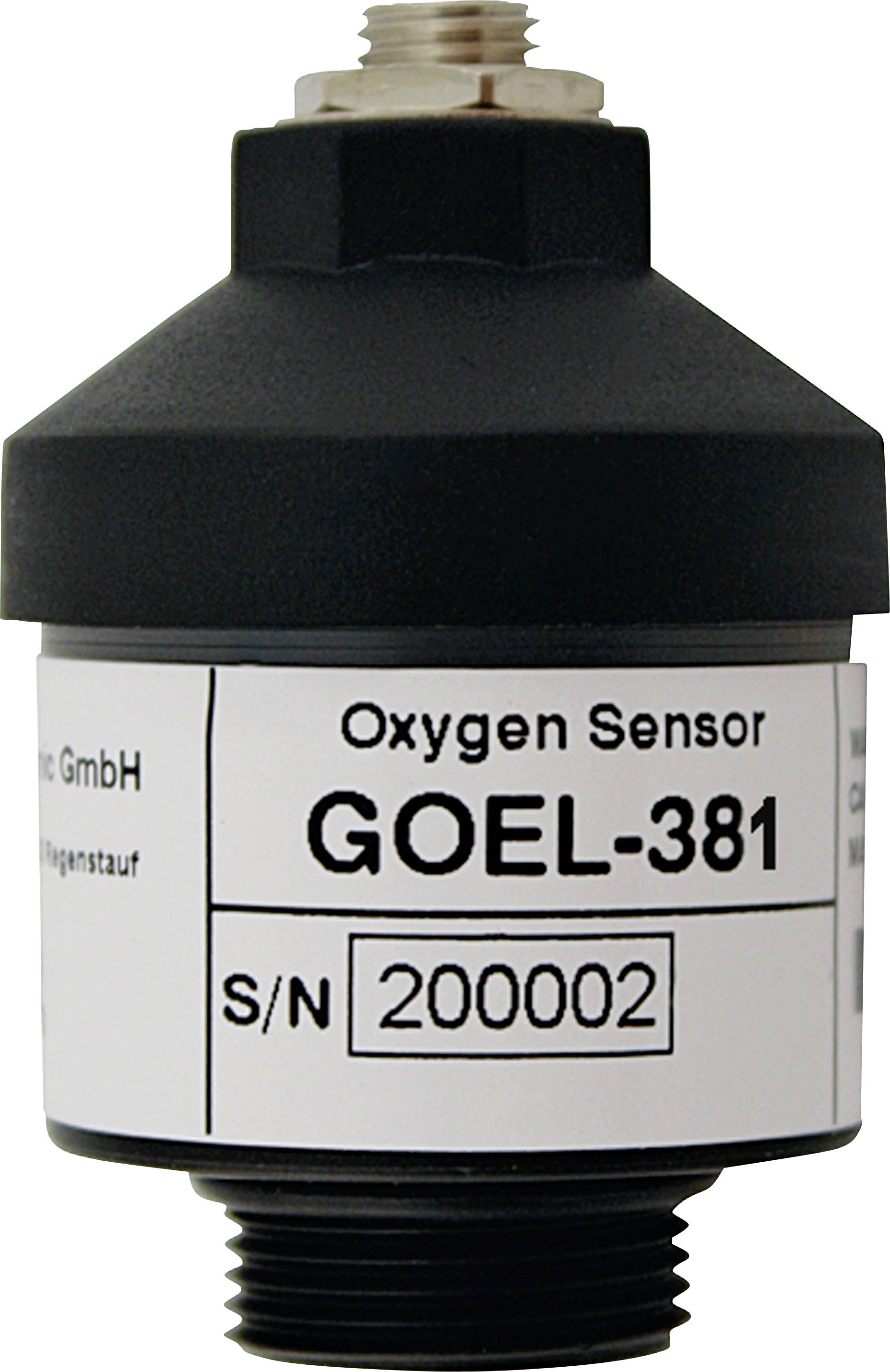 'Zuurstofsensor GOEL-381, S/N 200002, van Dräger GmbH. Zwarte en zilveren cilindrische sensor met aansluiting bovenop.'