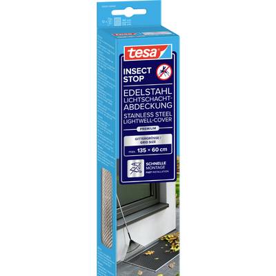 Productpakket voor tesa Insect Stop roestvrijstalen lichtschachtafdekking, met zilveren gaasInzet en geschikt voor openingen van 135 x 60 cm, met snelle installatie en mugbeschermingspictogram.