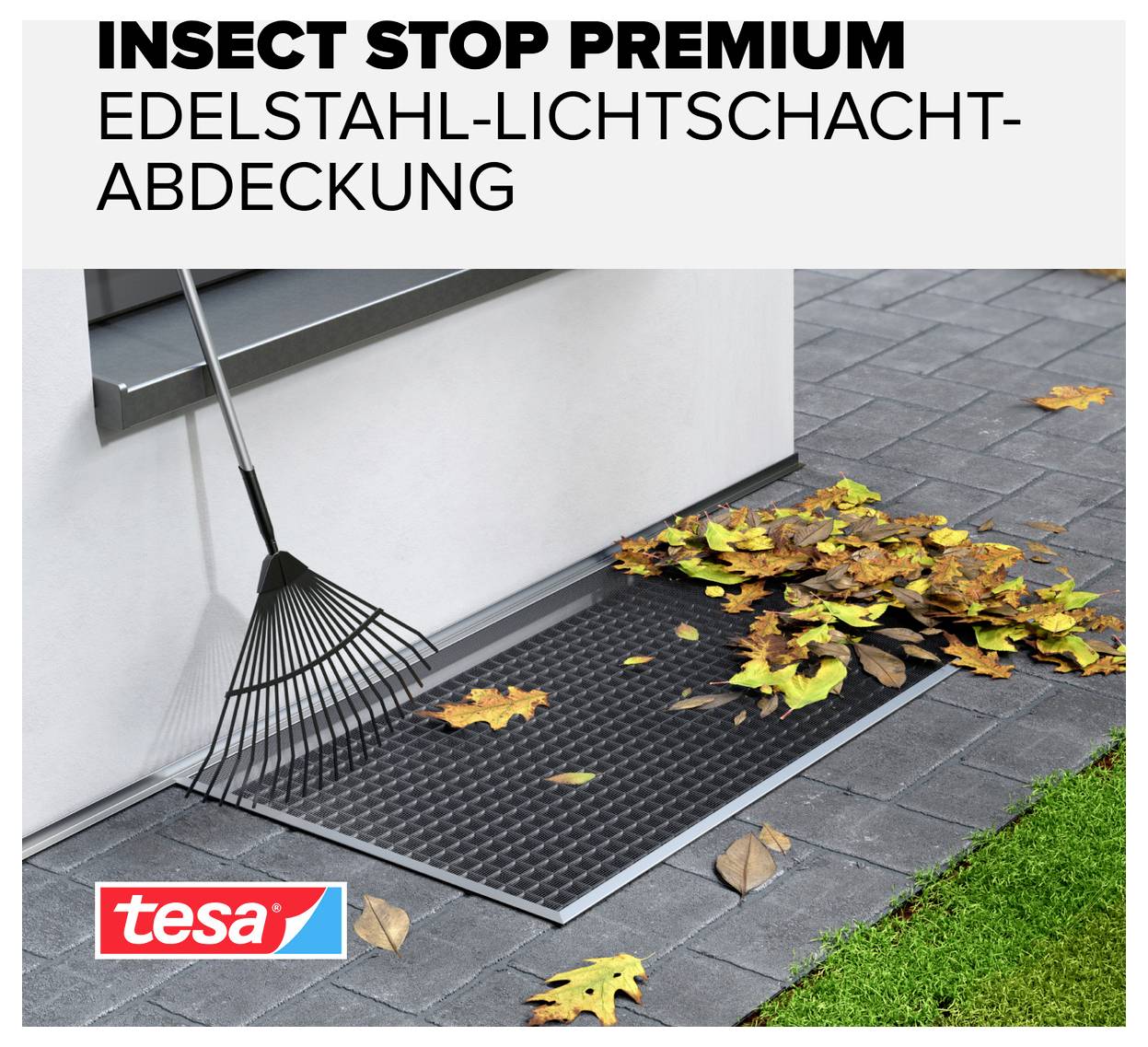 Roestvrijstalen lichtschachtafdekking 'INSECT STOP PREMIUM' van tesa, beschermt de lichtschacht tegen bladeren en vuil.