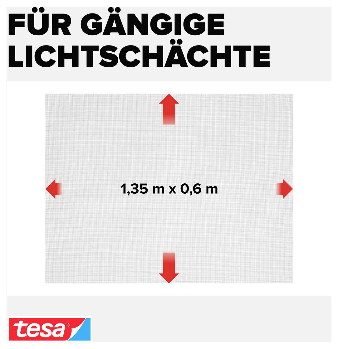 Diagram met titel 'VOOR GANGBARE LICHTSCHACHTEN'; grijs rechthoek met maataanduiding 1,35 m x 0,6 m en rode pijlen in vier richtingen.
