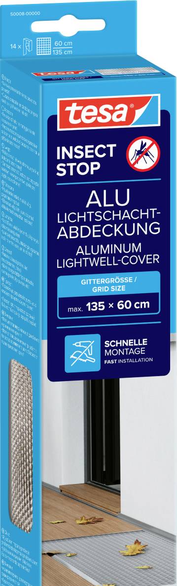 Verpakking voor tesa Insect Stop Alu lichte schachtcover, met een aluminium netcover voor ramen, maximaal 135 x 60 cm, met snelinstallatiepictogram.