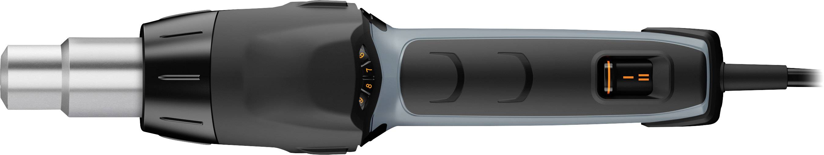 Zwart-grijs heteluchtpistool met digitaal display, zijaanzicht. Geschikt voor ambachtelijke werkzaamheden of verfverwijdering.