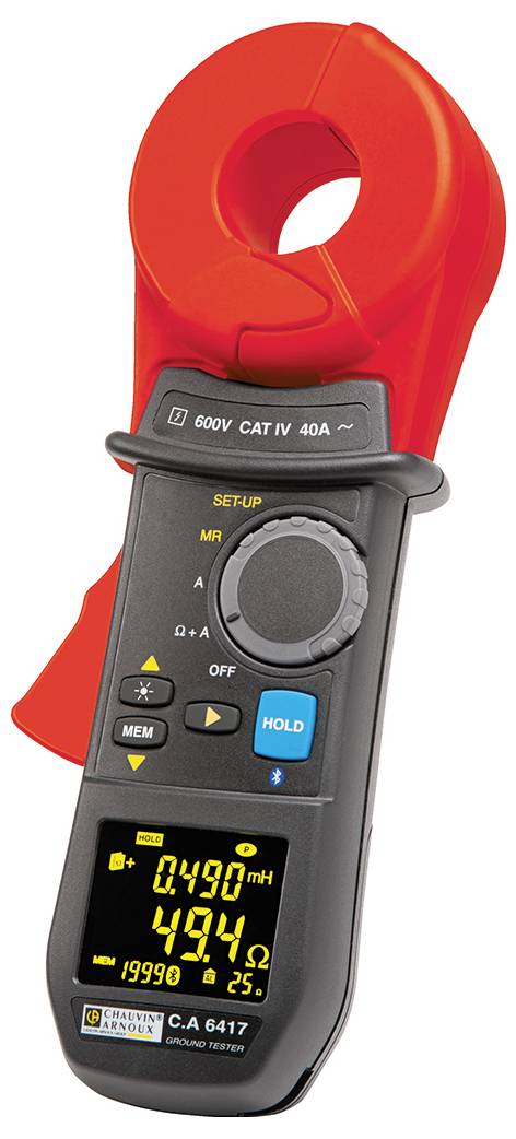 Elektrische klemtang met digitaal display toont meetwaarden. Talrijke knoppen en een groot, rood grijpdeel zijn zichtbaar.