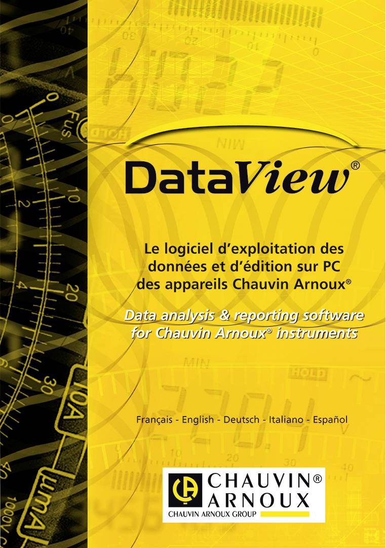 'DataView' Software-reclame; analyseert en rapporteert gegevens van Chauvin Arnoux-instrumenten. Ondersteuning in vijf talen.