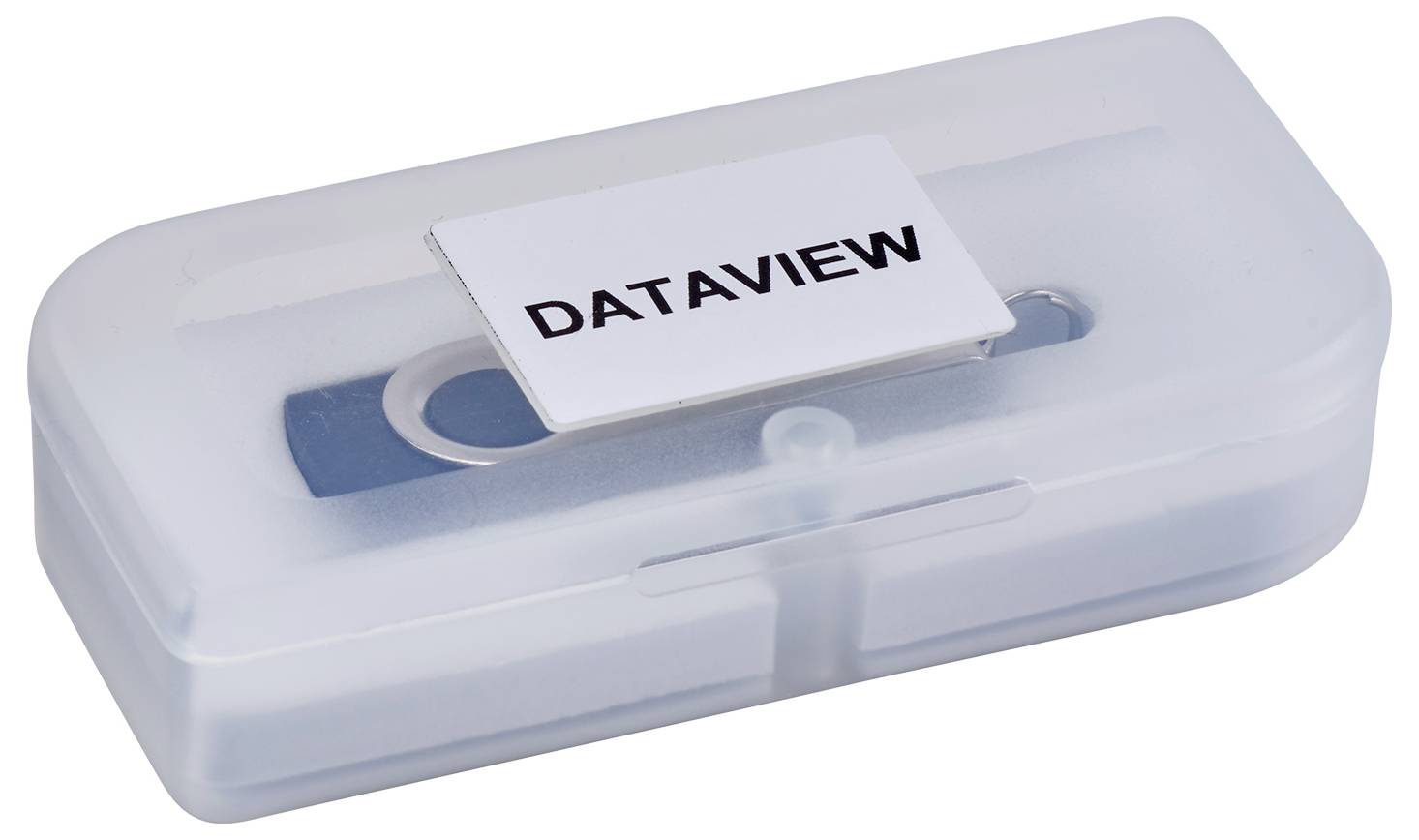 Een USB-stick met het opschrift 'DATAVIEW' ligt in een transparante kunststof doos.