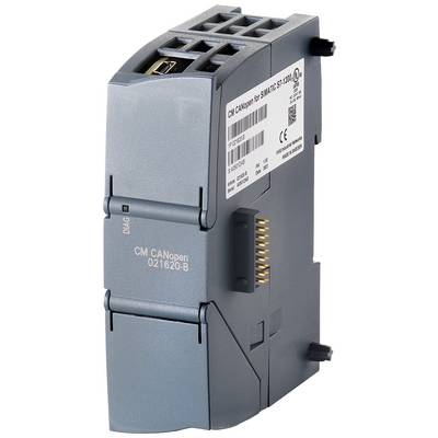 Een grijs, rechthoekig elektronicamodule voor industriële toepassingen. Het etiket toont 'CM CANopen' en technische specificaties.