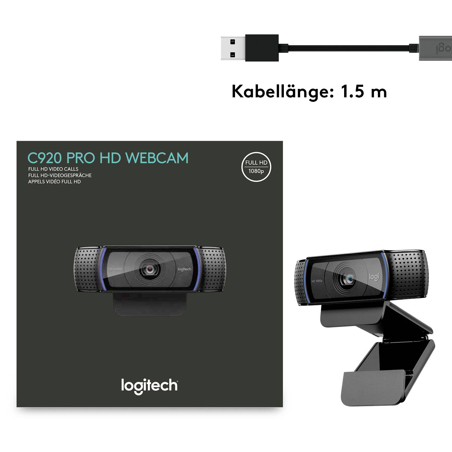 Webcam met Full HD-video, Premium-autofocus, universele houder, automatische belichtingsaanpassing en stereoluid met twee microfoons.