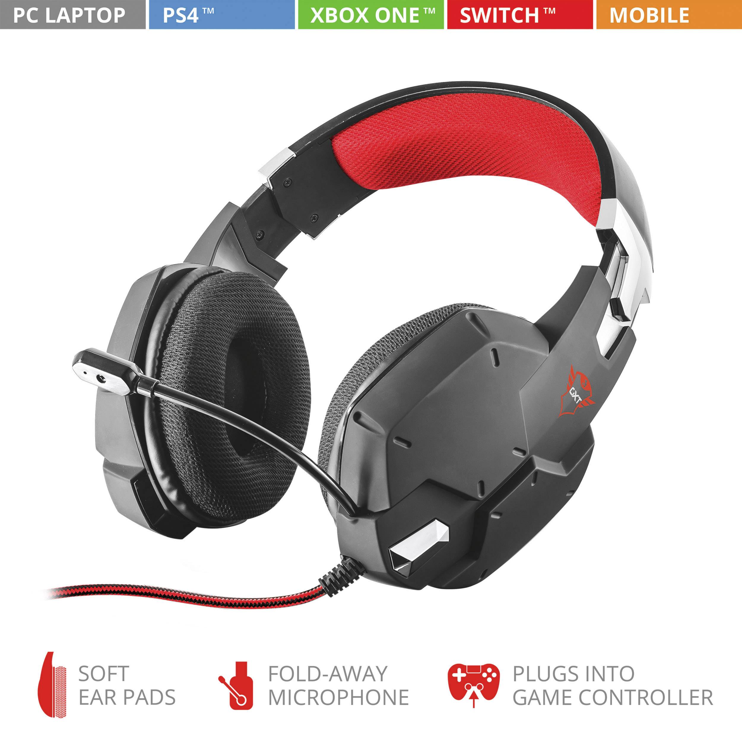 Gaming-headset met afneembare microfoon. Compatibel met PC, PlayStation, Xbox, Switch en mobiele apparaten. Zwart design met rode accenten.